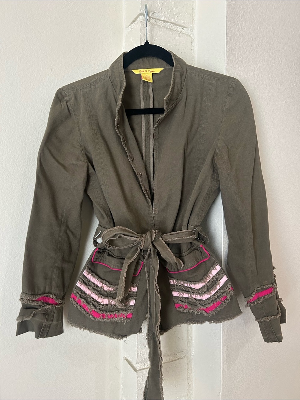 Salt & Pepper Army Green tie-waist Jacket with Pink chevron details